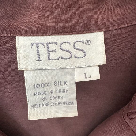 TESS 100% Silk Blouse Lg Long Sleeve Button Up Embroidered Classic Plum - Picture 2 of 5